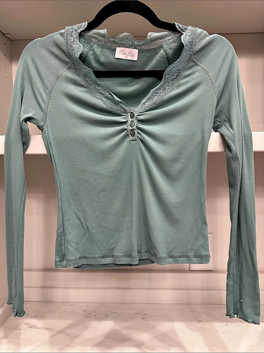 Pink Lily small Amity Long Sleeve Lace Trim Top Sage Green. Like new